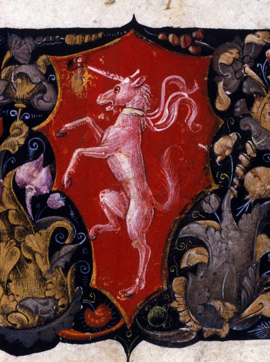 Blasón decorando un unicornio sobre fondo rojo. Detalle de una miniatura. Siglo XV de Unknown artist