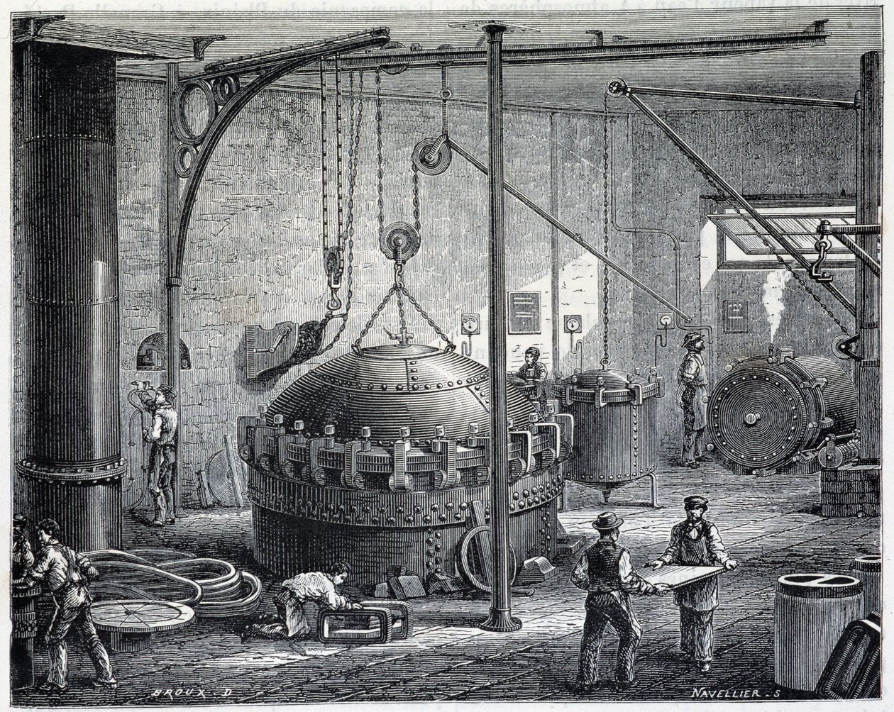 Calderas para vulcanizar caucho con vapor húmedo - en "Las maravillas de la industria" de Louis Figuier de Unknown artist