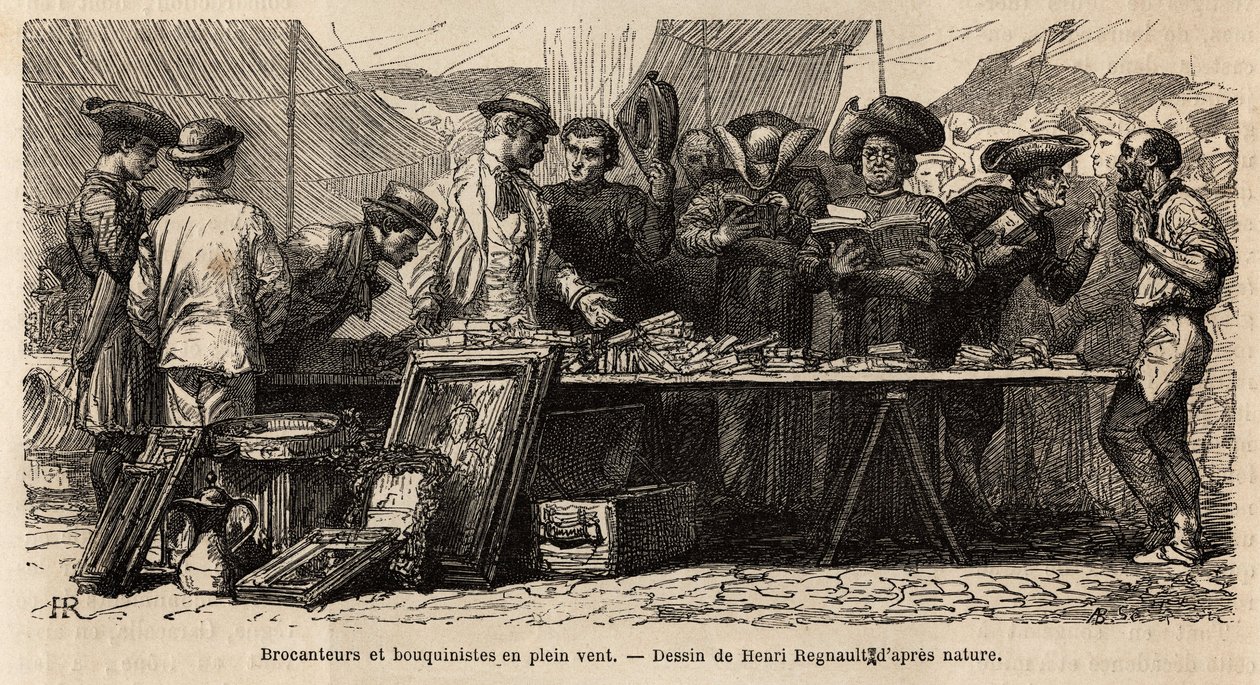 Fabricantes de libros y brocanteurs en el viento, cerca de la Plaza Montanara, bajo una carpa instalada, aficionados y clérigos compiten por una baratija de antigüedades, algunos leen allí, otros regatean con gestos. Grabado para ilustrar el viaje a Roma,  de Unknown artist