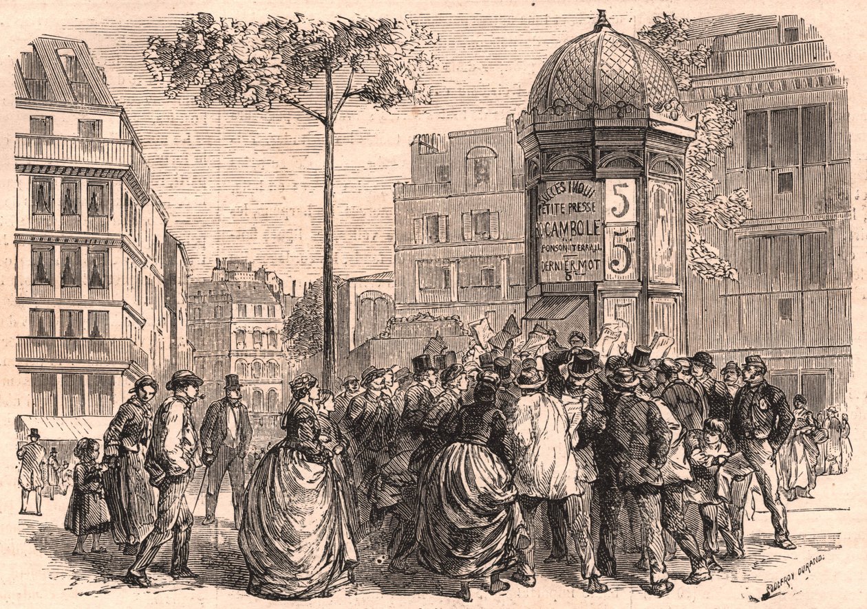 Boulevard Pigalle en París: multitud parisina alrededor de una columna Morris durante la venta de periódicos de Unknown