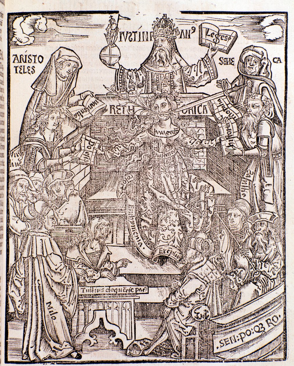 Ramas del conocimiento representadas por Aristóteles (arriba a la izquierda) representa la Filosofía Natural, con Séneca representando la Filosofía Moral a la derecha, el Emperador Justiniano (arriba en el centro). La mujer en el centro tiene una espada y  de Unknown artist