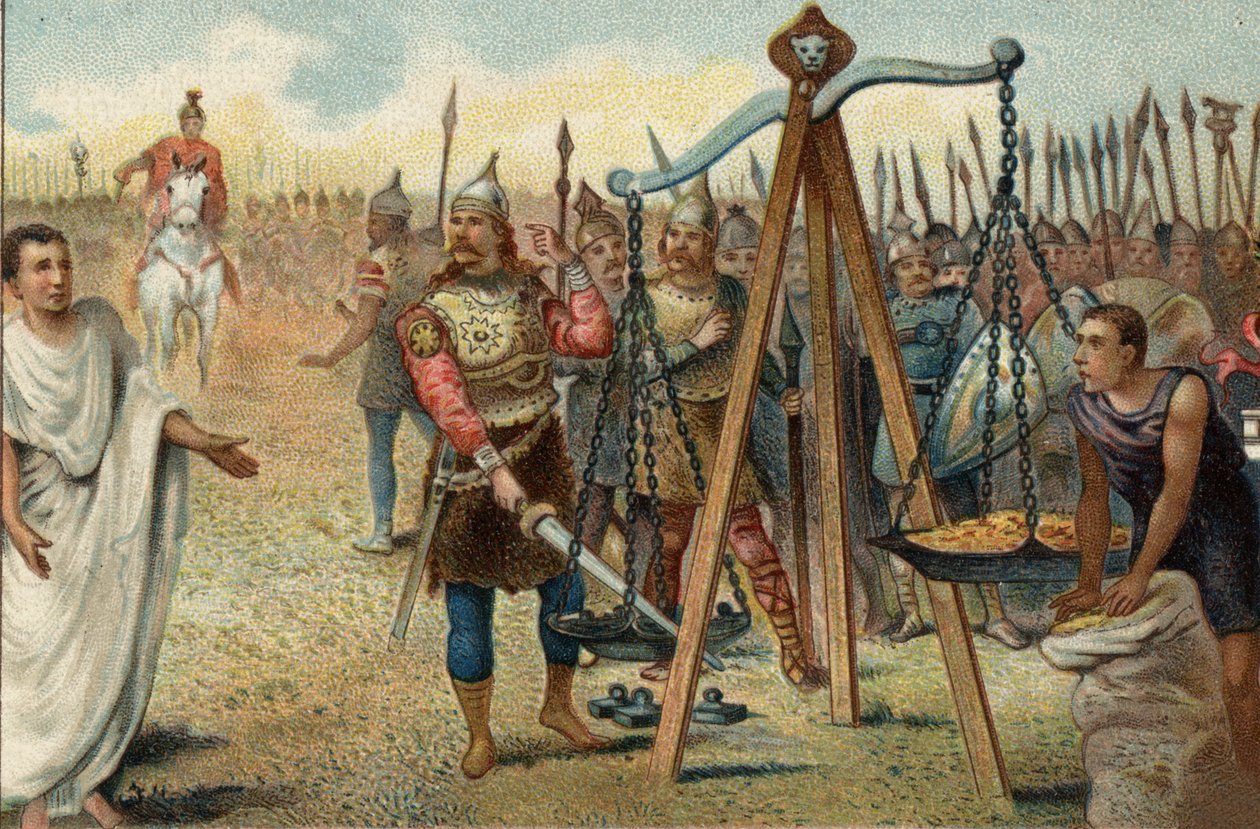 Brennus poniendo su espada en la balanza, 390 a.C.: Saqueo de Roma por los galos liderados por su jefe Brennus (Brennos). Ante la resistencia de los romanos, Brennus acordó tratar con el tribuno militar romano Quintus Sulpicius: dejó Roma a cambio del pa de Unknown artist