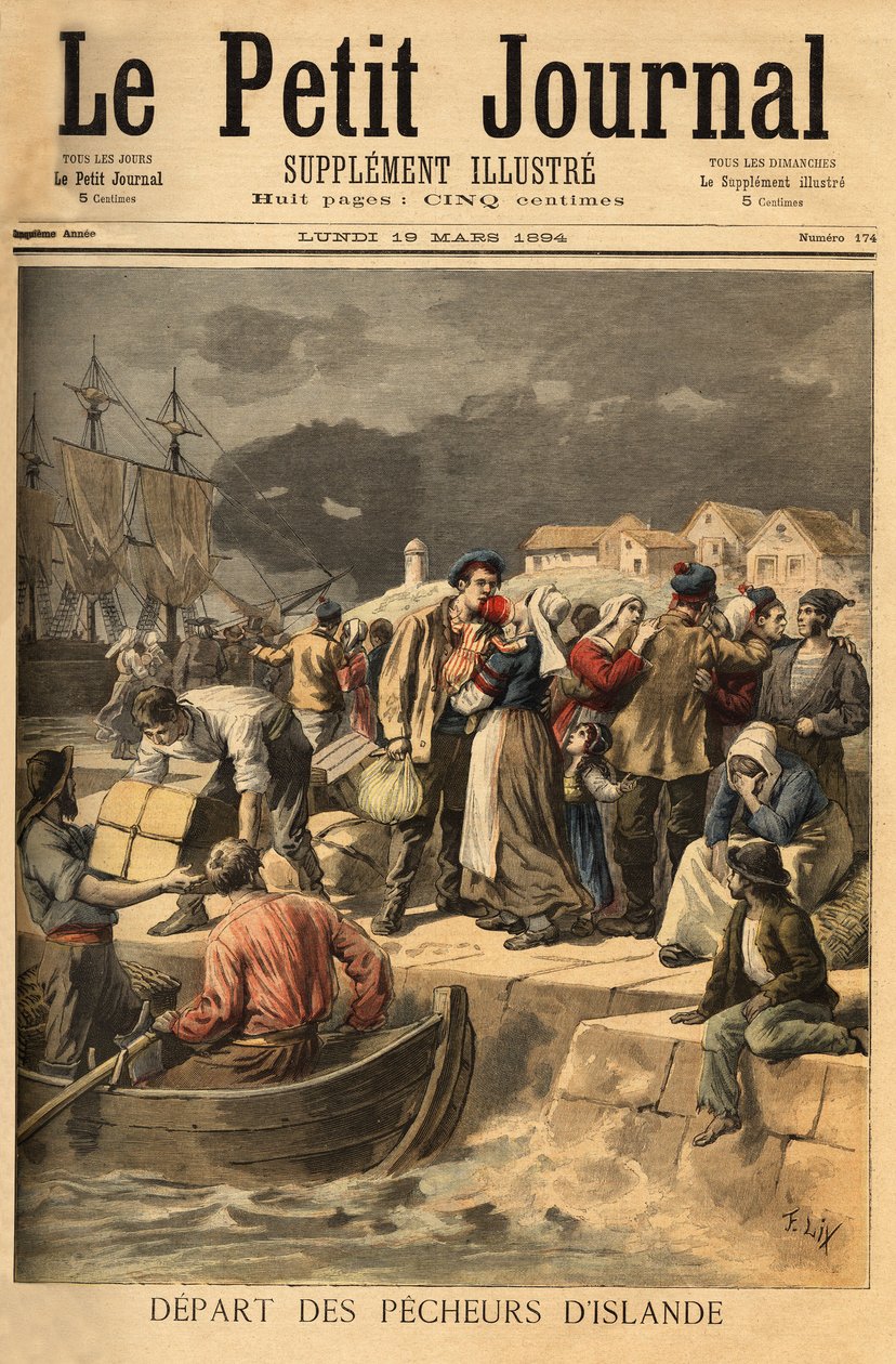 Marineros bretones saliendo de Paimpol en primavera para buscar bacalao en la costa de Islandia o Terranova. Grabado en “Le petit journal” 19/03/1894. Colección Selva. de Unknown artist
