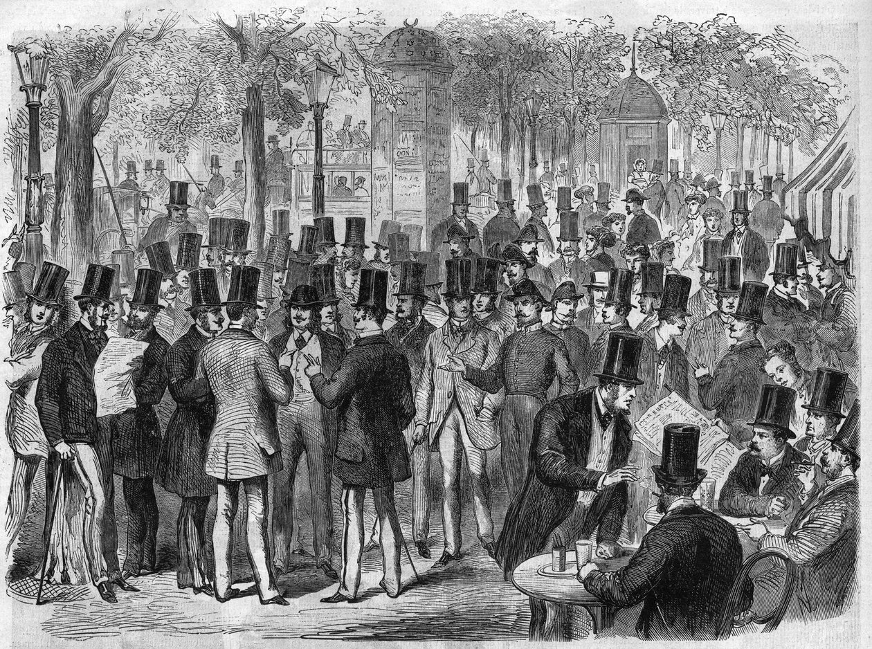 Corredores cerca de la pequeña Bolsa del Boulevard des Italiens en París, Francia. Grabado en “El Universo Ilustrado”. de Unknown artist