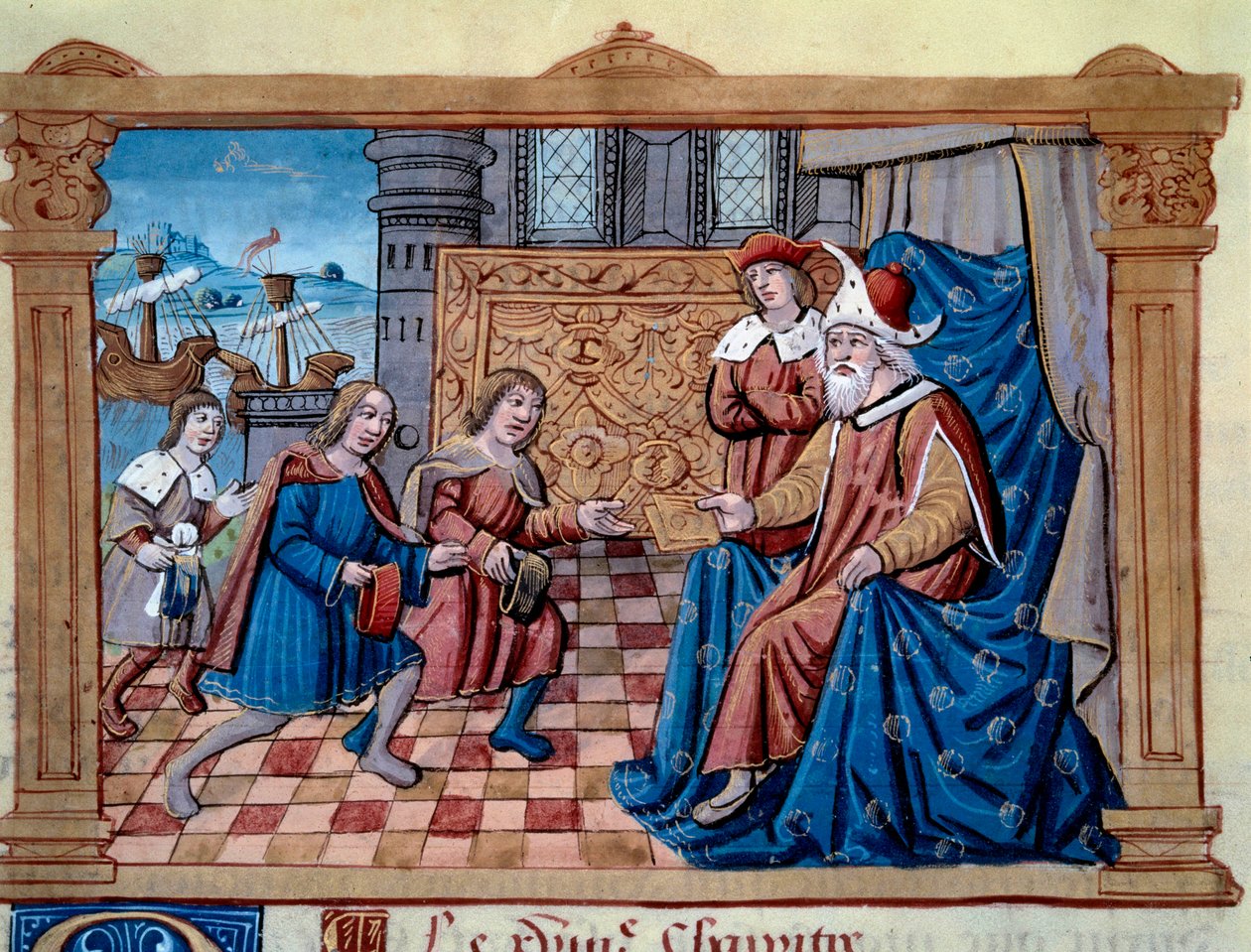 Los hermanos Nicolo y Matteo Polo, padre y tío del joven Marco Polo (1254-1324) fueron recibidos en la corte de Qubilai (Kubilai Khan, primer emperador de la dinastía mongola Yuan (1215-1294), emperador mongol en 1271 de Unknown artist