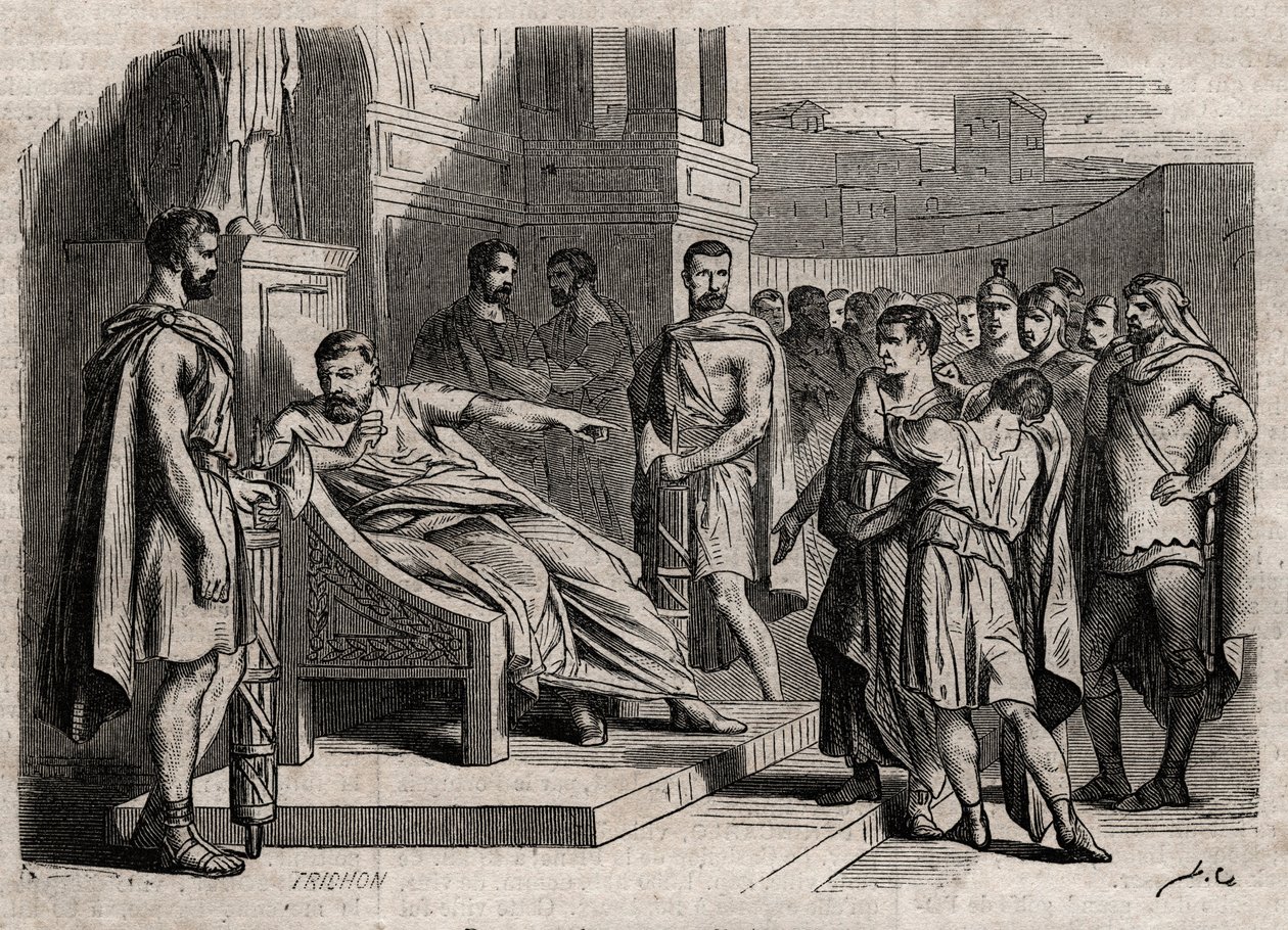 Bruto condenando a su hijo a muerte - Bruto (Marcus Junius Brutus, 85-42 a.C.) condenando a sus hijos a muerte - grabado en “Dictionnaire populaire illustrious” - 1864 - por Joseph Decembre y Edmond Allonier de Unknown artist