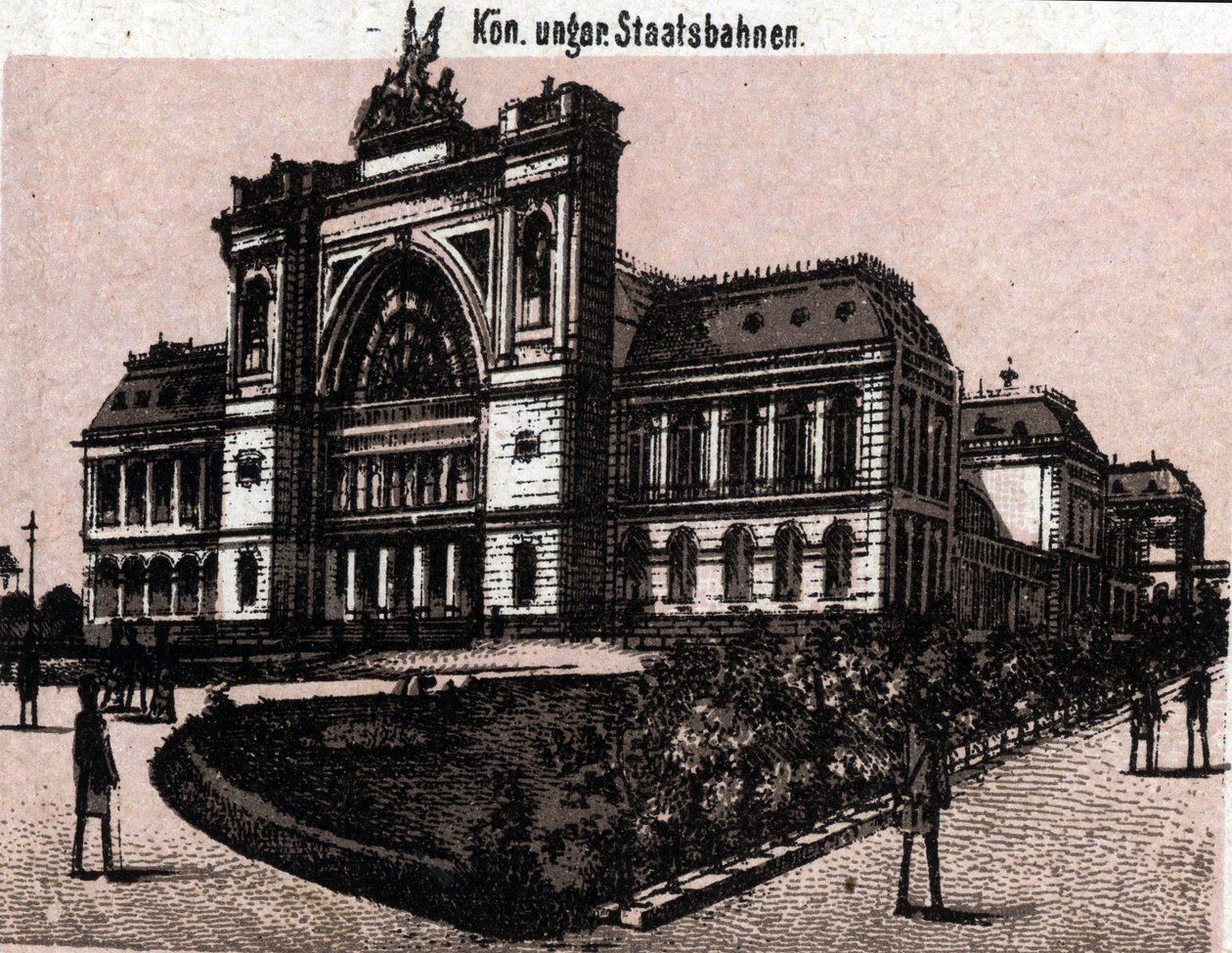 Budapest, Hungría: vista de la estación de tren magyar kiralyi allavasutsk. en “El mundo ilustrado 168 vistas” Sin fecha (finales del siglo XIX) de Unknown artist