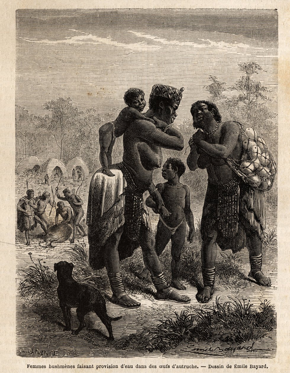 Bosquimanos almacenando agua en huevos de avestruz, acompañados por sus hijos; al fondo, se ve el pueblo y hombres sacrificando un antílope. Grabado para ilustrar los primeros viajes del Dr. Livingstone al sur de África de 1840 a 1856, en “Le tour du monde de Unknown artist