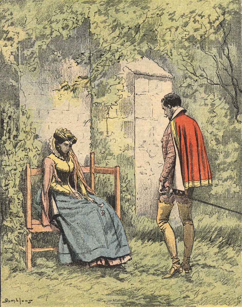 Bussy y Diane, conocida como Madame de Monsoreau, en el jardín cerca de la iglesia. Ilustración de la novela "La Dame de Monsoreau" de Alexandre Dumas en el "Journal des romans populaires illustrés" de Unknown artist