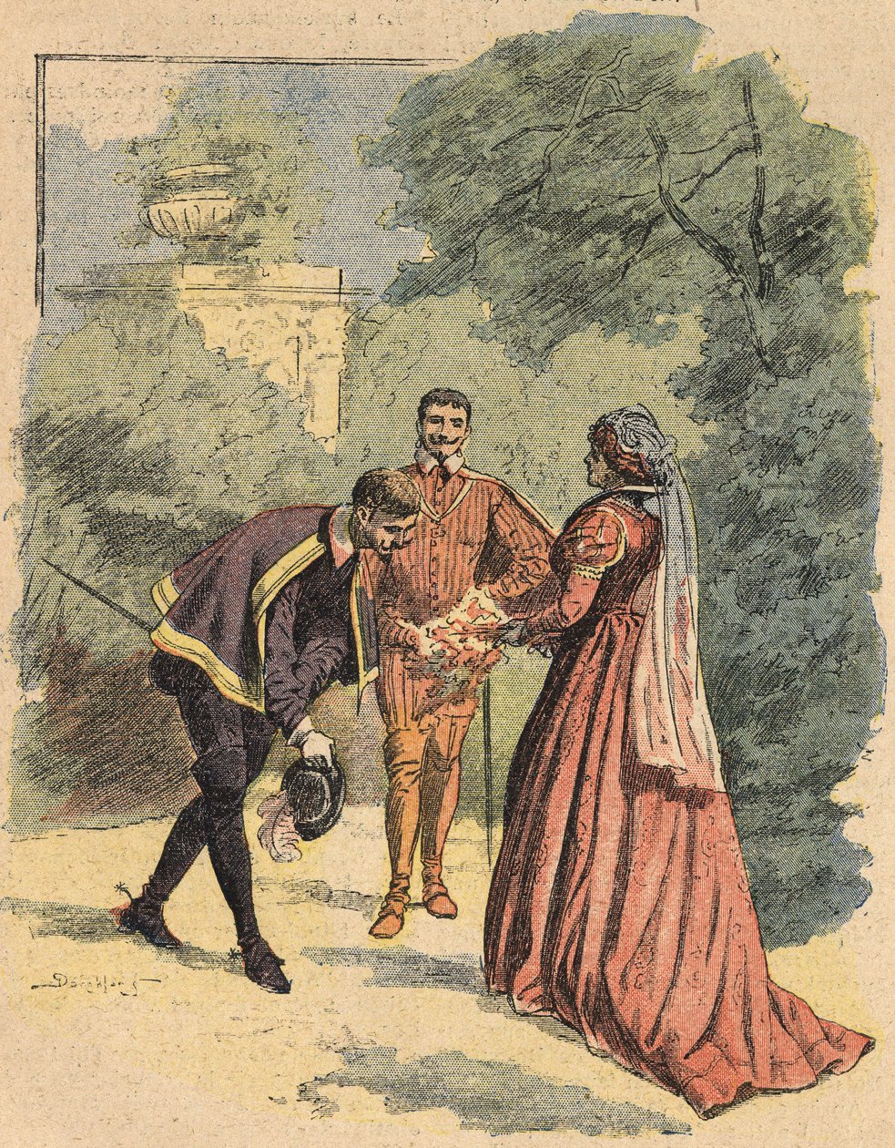 Bussy saluda a Jeanne, acompañada por San Lucas, en el parque. Ilustración de la novela 