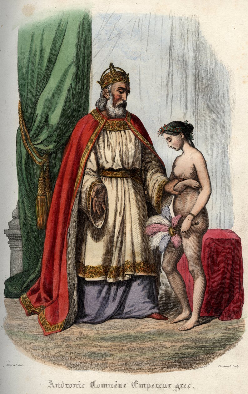 Emperador bizantino Andrónico I Comneno (o Andronicus I Comnenus) (c. 1118-1185) (Andronic I Comnene) y su esposa Agnes de Francia (1171-1240) que es obligada a aparecer desnuda para su orgía. Grabado de 1842 en “Histoire des papes” de Maurice Lachatre. Co de Unknown artist