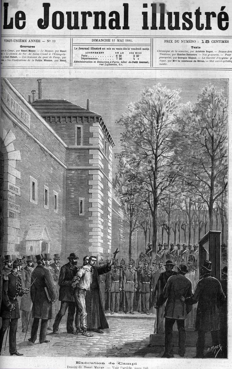 CAMPI, EL ASESINO DE LA CALLE DU REGARD - "La ejecución del asesino Michel Campi, en la plaza de la Roquette, 30 de abril de 1884 - GUILLOTINA - grabado en "Le journal illustré" de 1884 de Unknown artist