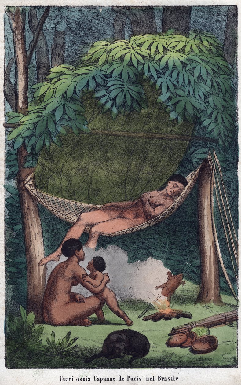 Vista de una cabaña Puri en Brasil - grabado de 