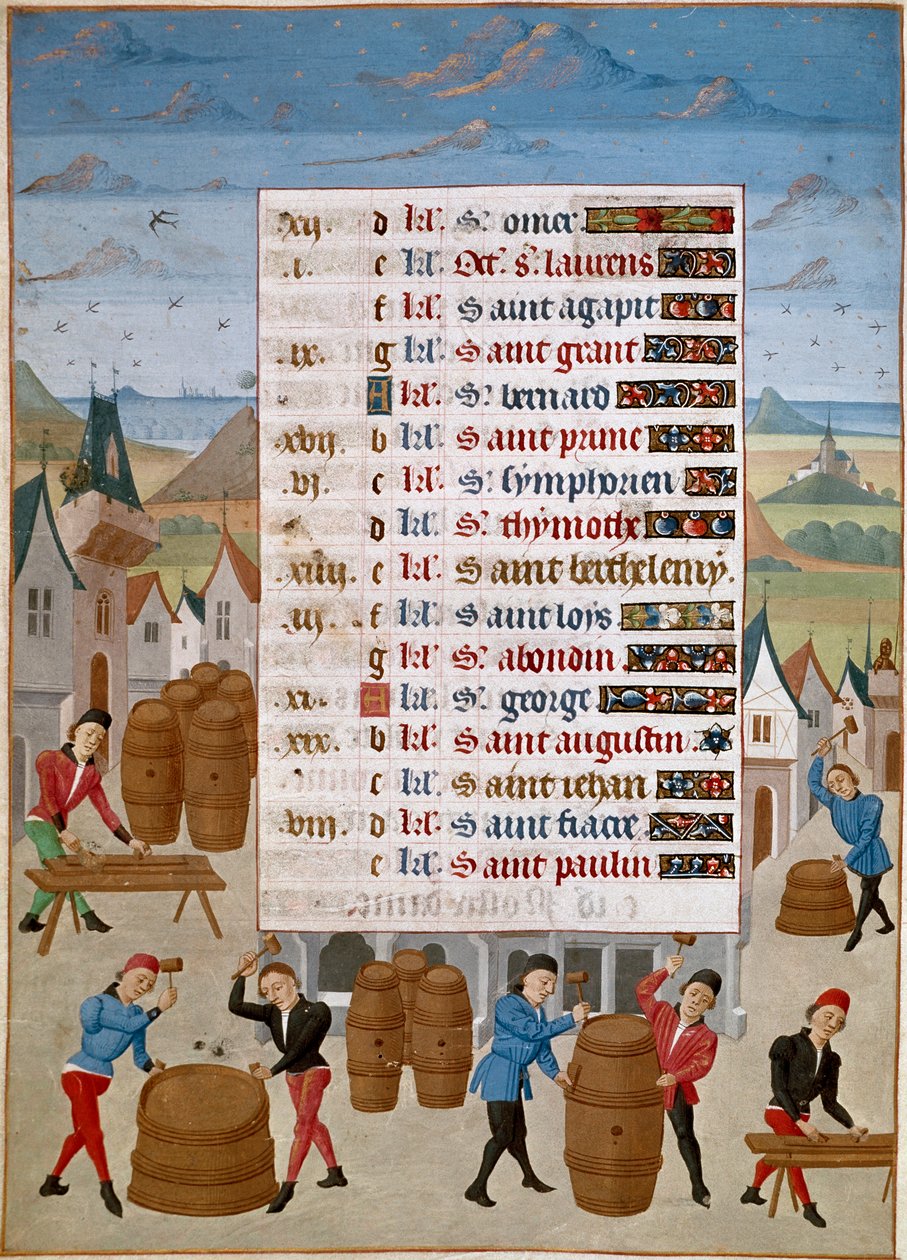 Calendario: Agosto - Fabricación de barriles de vino. Miniatura del Maestro Jean de Rolin (siglo XV) de 