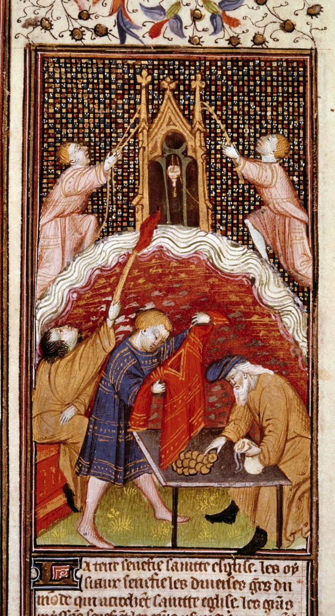 Página de calendario: Marzo. Una casa de empeños. Miniatura del manuscrito de las “Horas a l