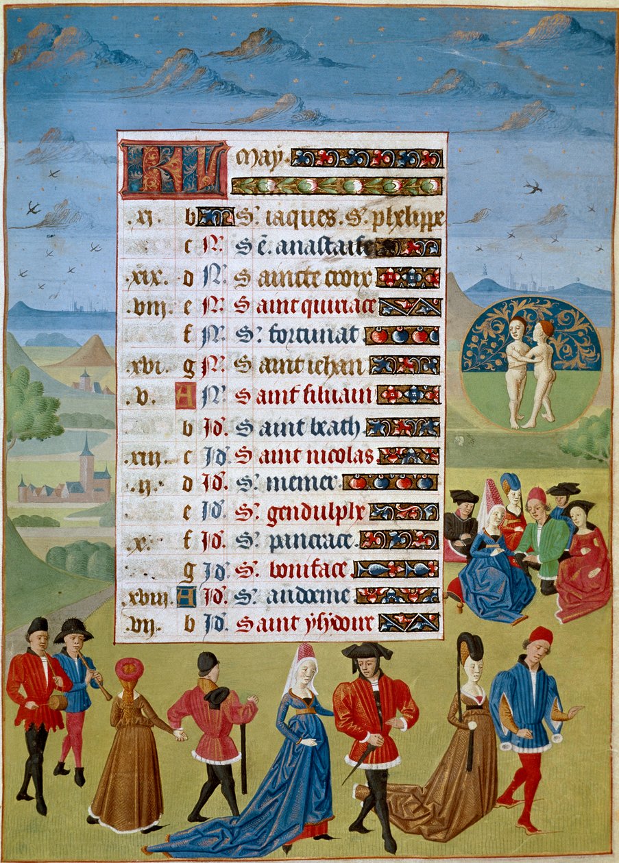 Calendario: el mes de mayo, bailes y juegos - Miniatura del Maestro de Jean Rolin del manuscrito 