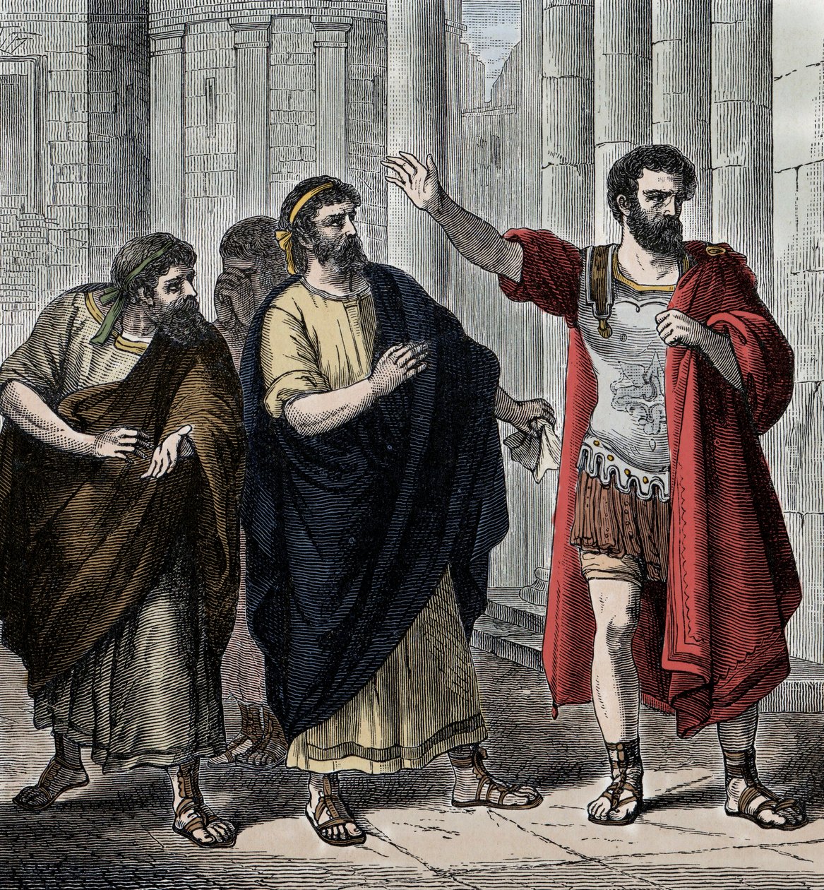 Camilo en el exilio - Antigüedad romana: el general y estadista Camilo (Marco Furio Camilo, 446-365 a.C.) es exiliado por el asunto del botín de Veyes, dejándolo íntegramente a sus tropas, impidiéndole así pagar la parte debida a Apolo, 391 a.C. de Unknown artist