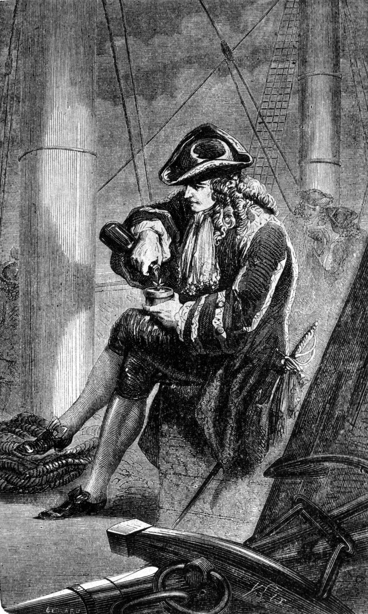 Capitán Gabriel de Clieu (Declieux, Desclieux) (1687/1678- ca. 1774), encargado por el rey Luis XIV en 1725 de llevar a Martinica una planta de café, comparte con ella su ración de agua para salvarla de la sequía. Grabado del siglo XIX de Unknown artist