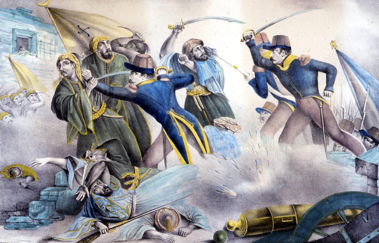 Captura de Constantina en Argelia en 1837 por el mariscal Valée. Litografía en color del siglo XIX. de Unknown artist
