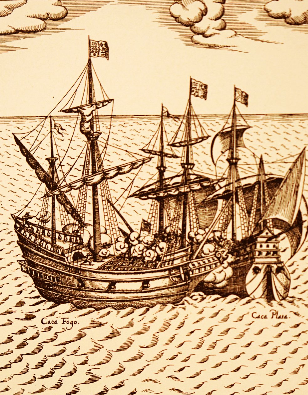 Captura del galeón español Cagafuego por el Golden Hind liderado por Francis Drake en marzo de 1579 (grabado) de Unknown artist