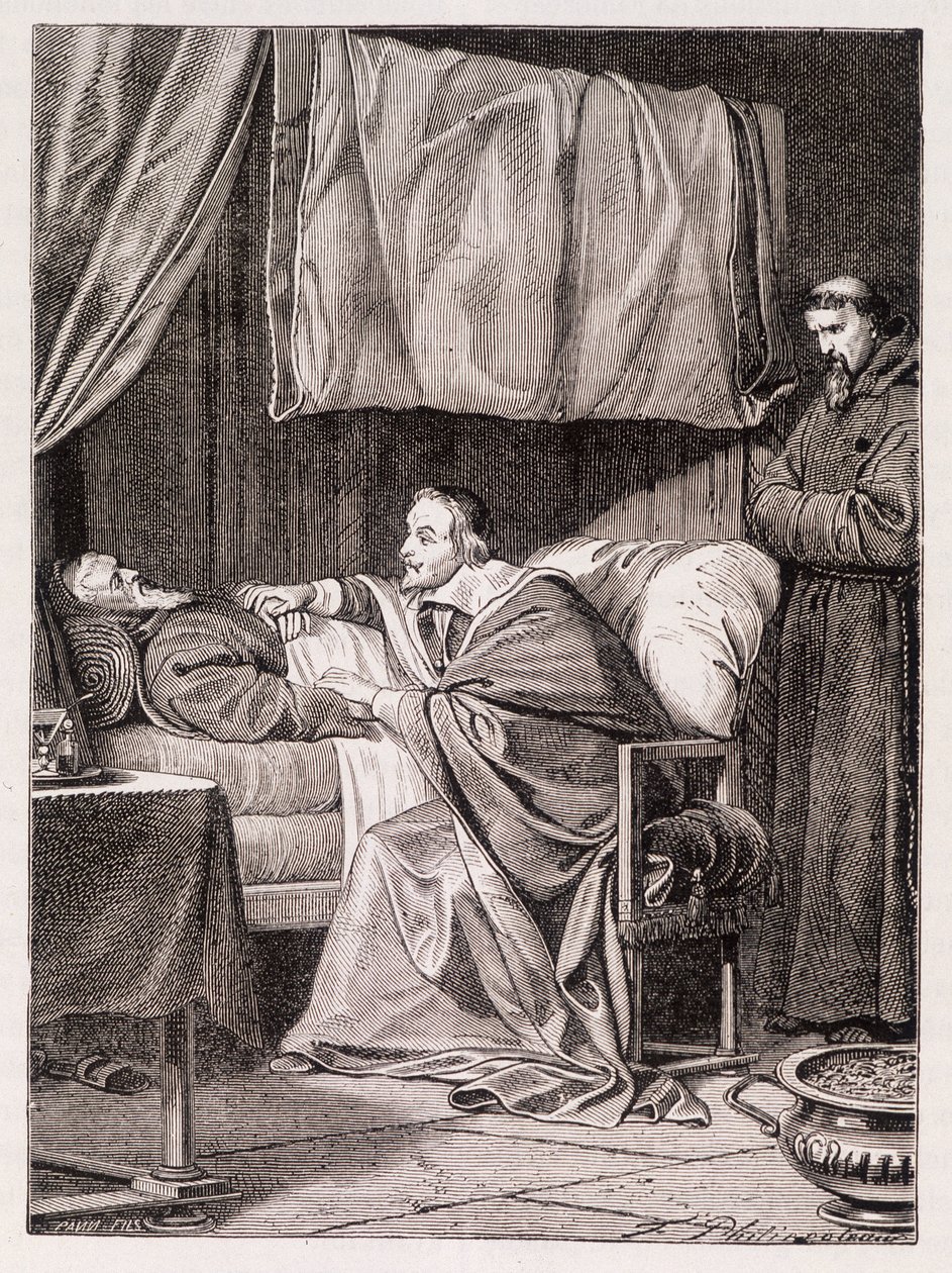 El cardenal Richelieu en el lecho de muerte del padre Joseph - grabado de Unknown artist