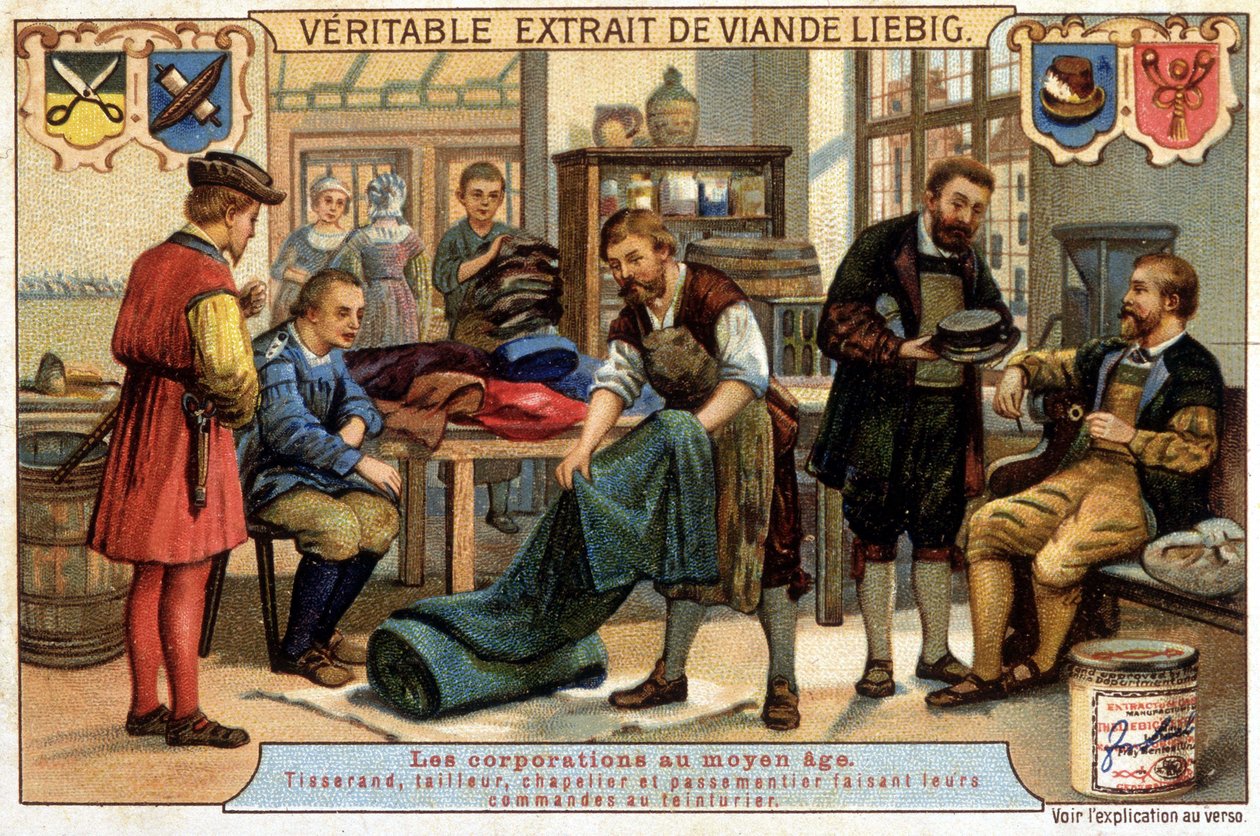 Carreras en la Edad Media: tejedor, sastre, sombrerero y pastelero ordenando al limpiador en seco - cromolitografía de Liebig de Unknown artist