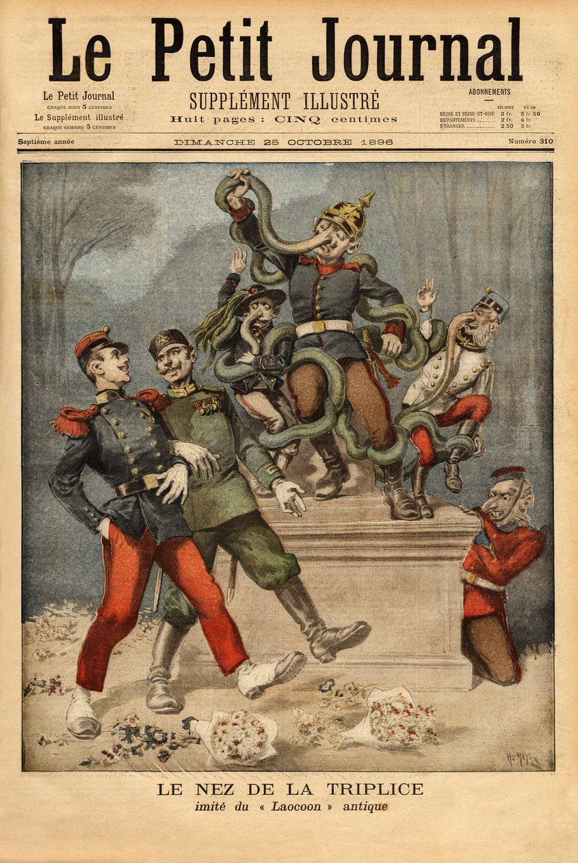Caricatura alegórica sobre la triple alianza entre Alemania, Austria-Hungría e Italia, observando pasar a la otra alianza europea, Francia con Rusia. Grabado en “Le petit journal” 25/10/1896. Colección Selva. de Unknown artist