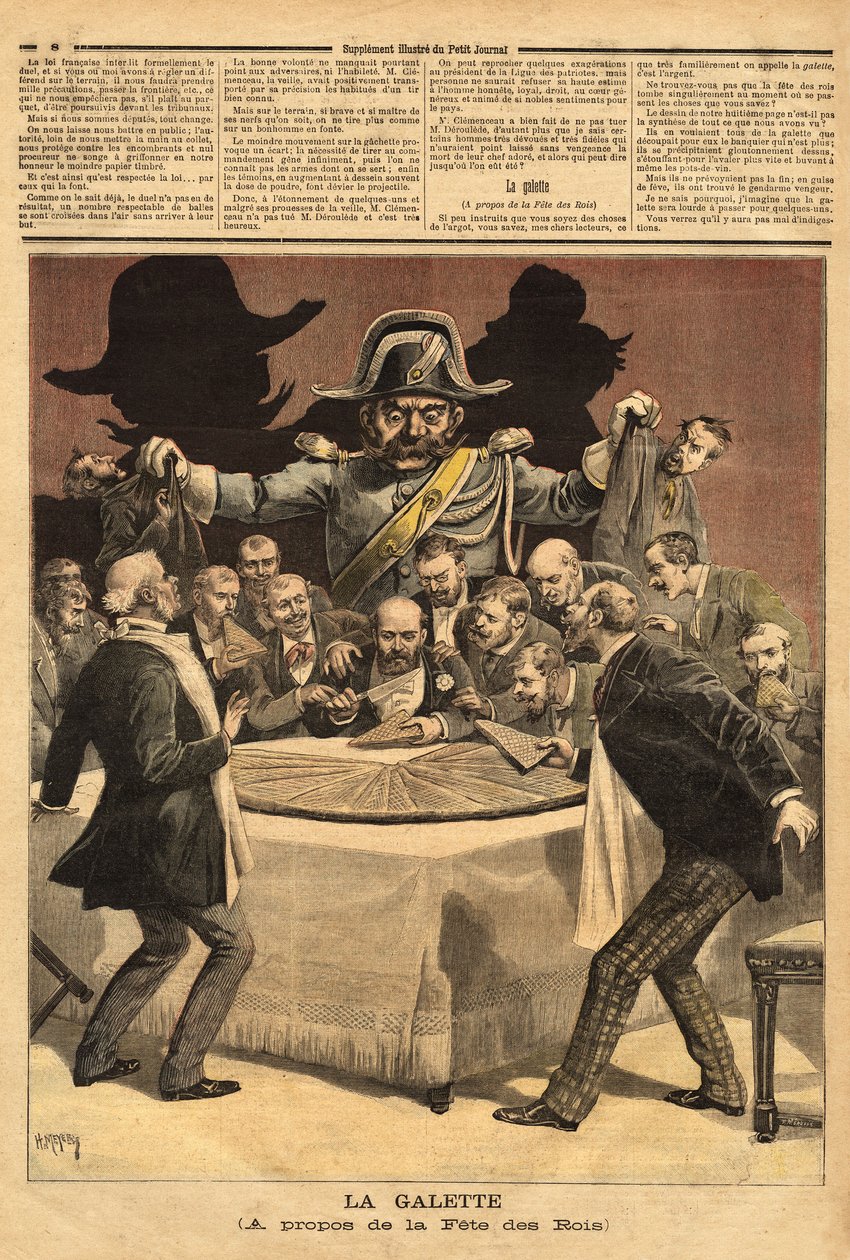 Ilustración caricaturesca “la galette”, sobre la fiesta de los reyes, donde el banquero corta el pastel, todos se precipitan para tener una parte y encuentran en lugar de un haba al gendarme. Grabado en “Le petit journal” 7/01/1893. Colección Selva. de Unknown artist