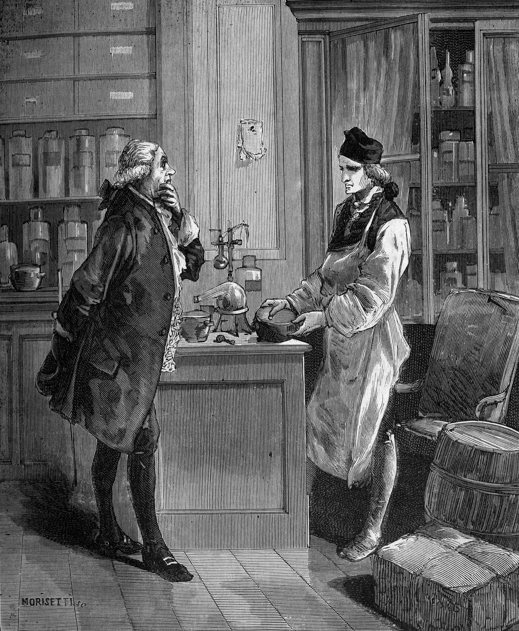 Carl William (Guillaume) Scheele (1742 -1788), químico sueco en su laboratorio con Tobern Bergmann 1735-1784 químico. de Unknown artist