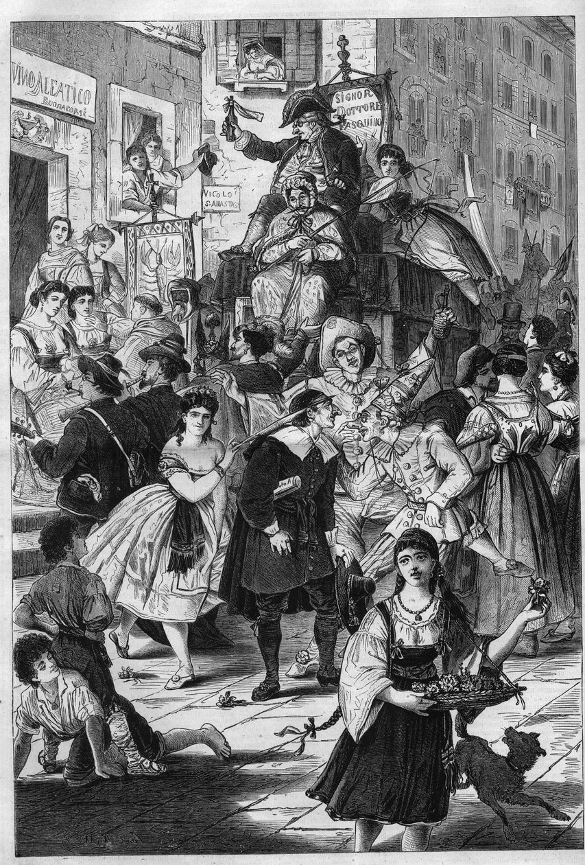 Carnaval en Roma: el paseo del Dr. Pasquín costumbre romana. Ofrece a las damas de los balcones sus elixires. de Unknown artist