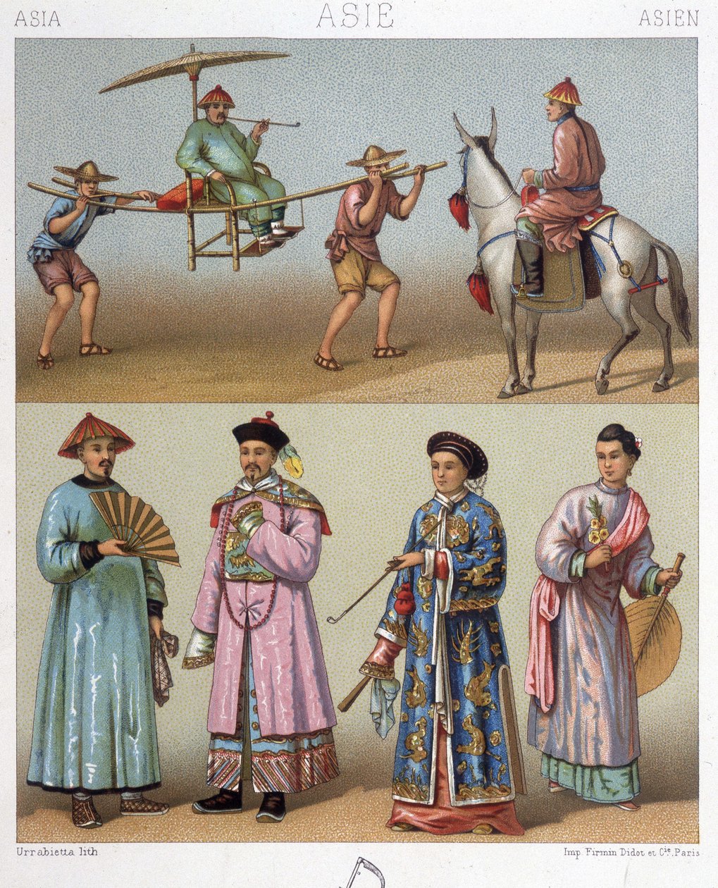 Sillas de transporte, jinetes y trajes en China - en “Le costume historique” de Racinet de Unknown artist