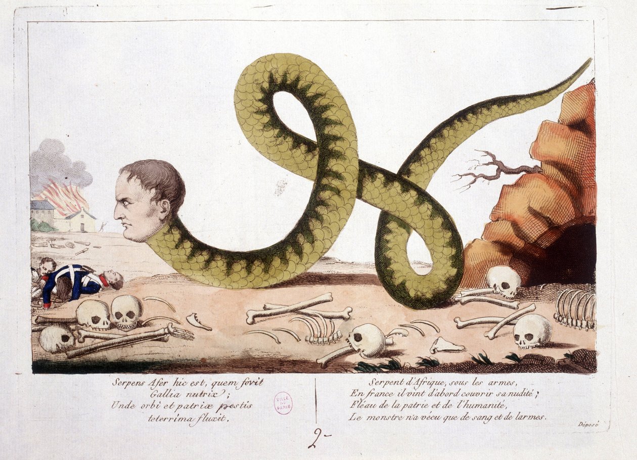 Caricatura sobre Napoleón I representado como una serpiente. Serpiente de África bajo las armas, en Francia primero vino a cubrir su desnudez; Azote de la patria y la humanidad, el monstruo vivió solo con sangre y lágrimas. - en Napoleón I, caricaturas, co de Unknown artist