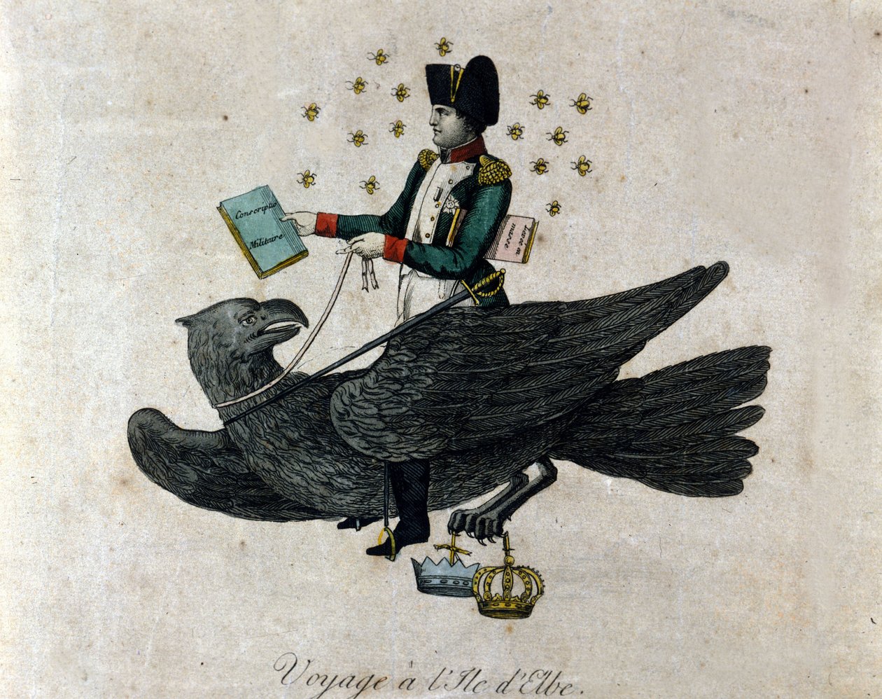 Caricatura sobre Napoleón sobre su exilio en la Isla de Elba. Napoleón en un águila sostiene en su mano derecha un libro titulado Conscripción Militar. Grabado de la época de Unknown artist