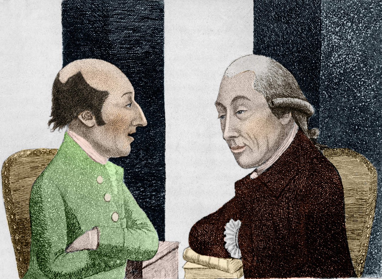 Caricatura de James Hutton (1726 - 1797) a la izquierda y Joseph Black (1728 - 1799) a la derecha. Grabado principios del siglo XIX de Unknown artist