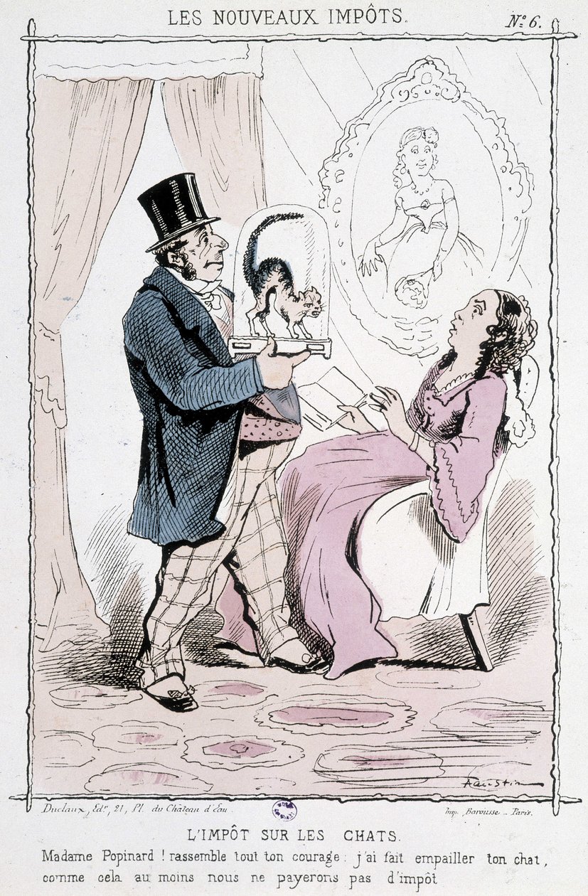 Impuesto sobre gatos: “¡Madame Papinard! Reúna todo su valor. Hice disecar a su gato, así que al menos no pagaremos impuestos” - caricatura de Unknown artist