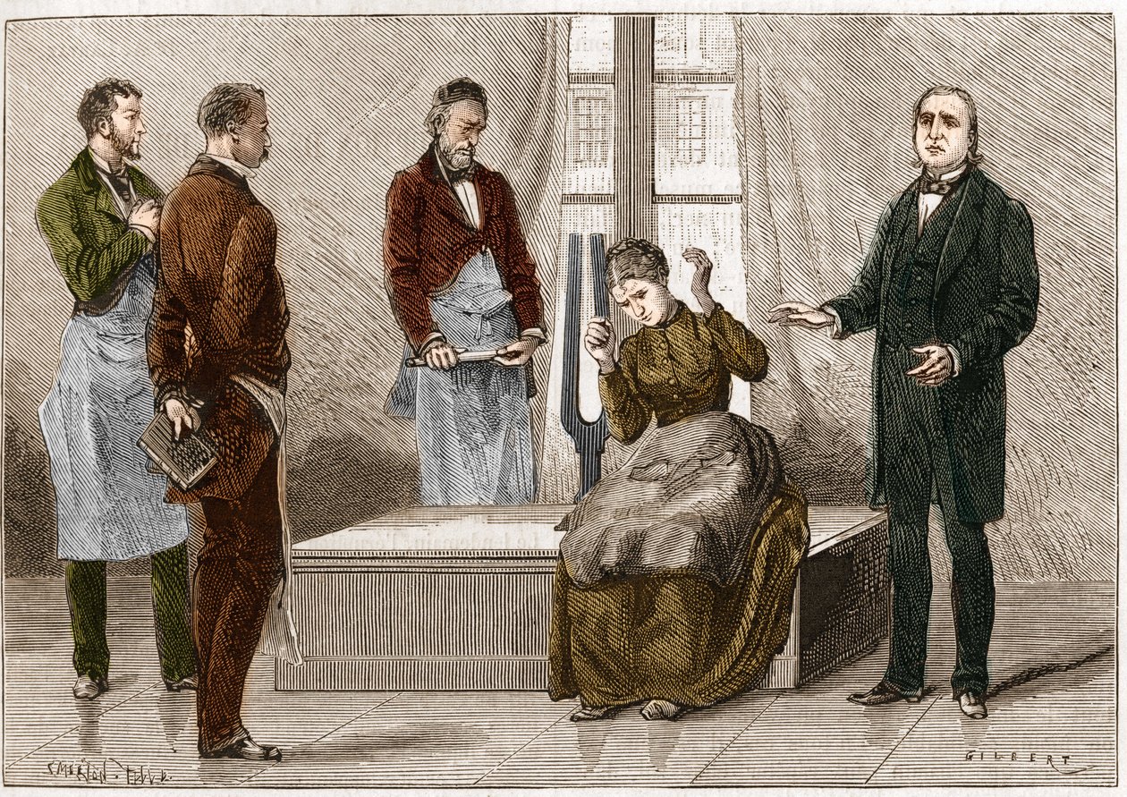 Catalepsia producida bajo la influencia del sonido (Diapasón). El neurólogo francés Jean Martin Charcot (1825-1893) (derecha) demostrando hipnosis en un paciente en el hospital Salpetriere. Ilustración tomada de “Nature” 1879 de Unknown artist