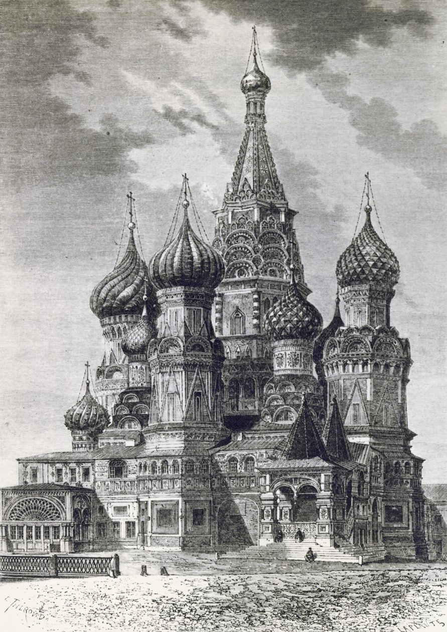 Catedral de la Protección de la Santísima Theotokos en el Foso o Catedral de San Basilio en la Plaza Roja de Moscú, Rusia, grabado de Free Russia de Unknown artist