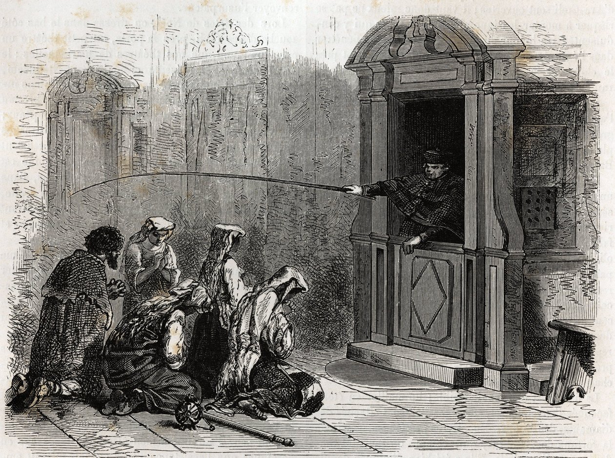 Practicantes católicos en oración, recibiendo penitencia ordinaria, azotes administrados por un sacerdote desde el confesionario. Grabado para ilustrar la historia de la Semana Santa en Roma, en 1863, por Ludovic Celler, en “Le tour du monde, nouveau journ de Unknown artist