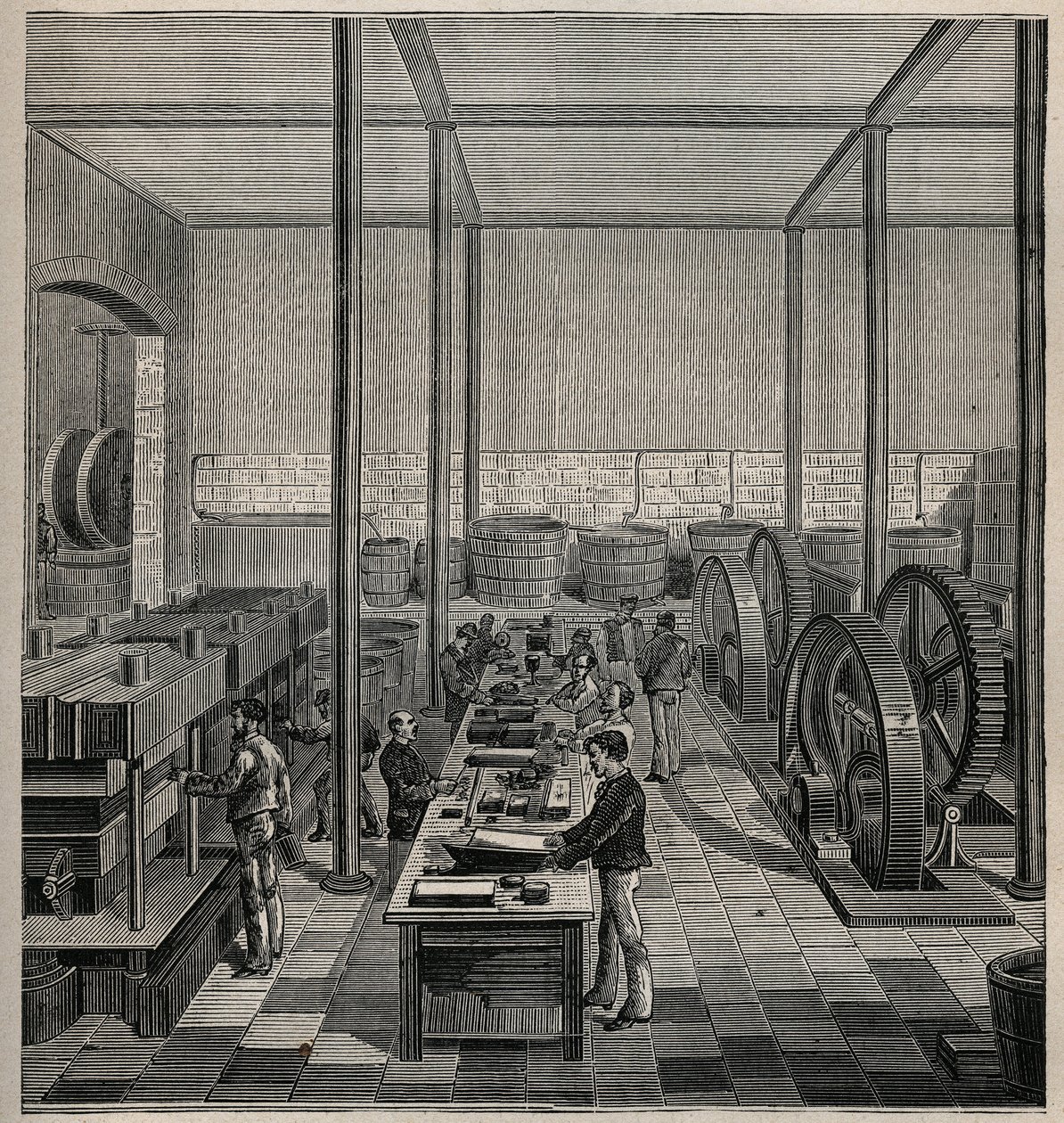 Celuloide: fabricación de celuloide. Grabado de 1885 en 