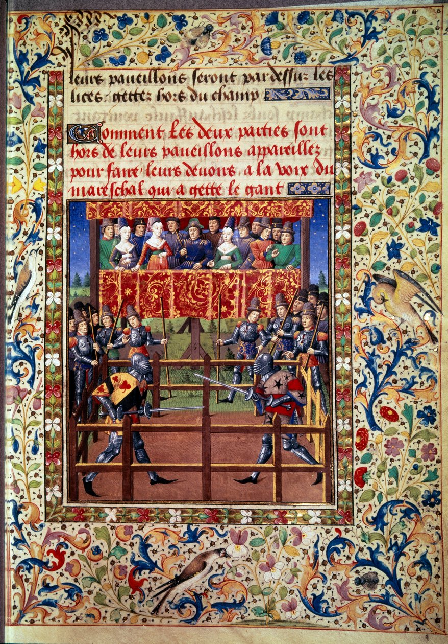 Ceremonias y ordenanzas como prenda de batalla: duelo en campo cerrado entre dos caballeros. Miniatura de un manuscrito de Jean de Rolin (siglo XV) 1460 París, B.N. de Unknown artist