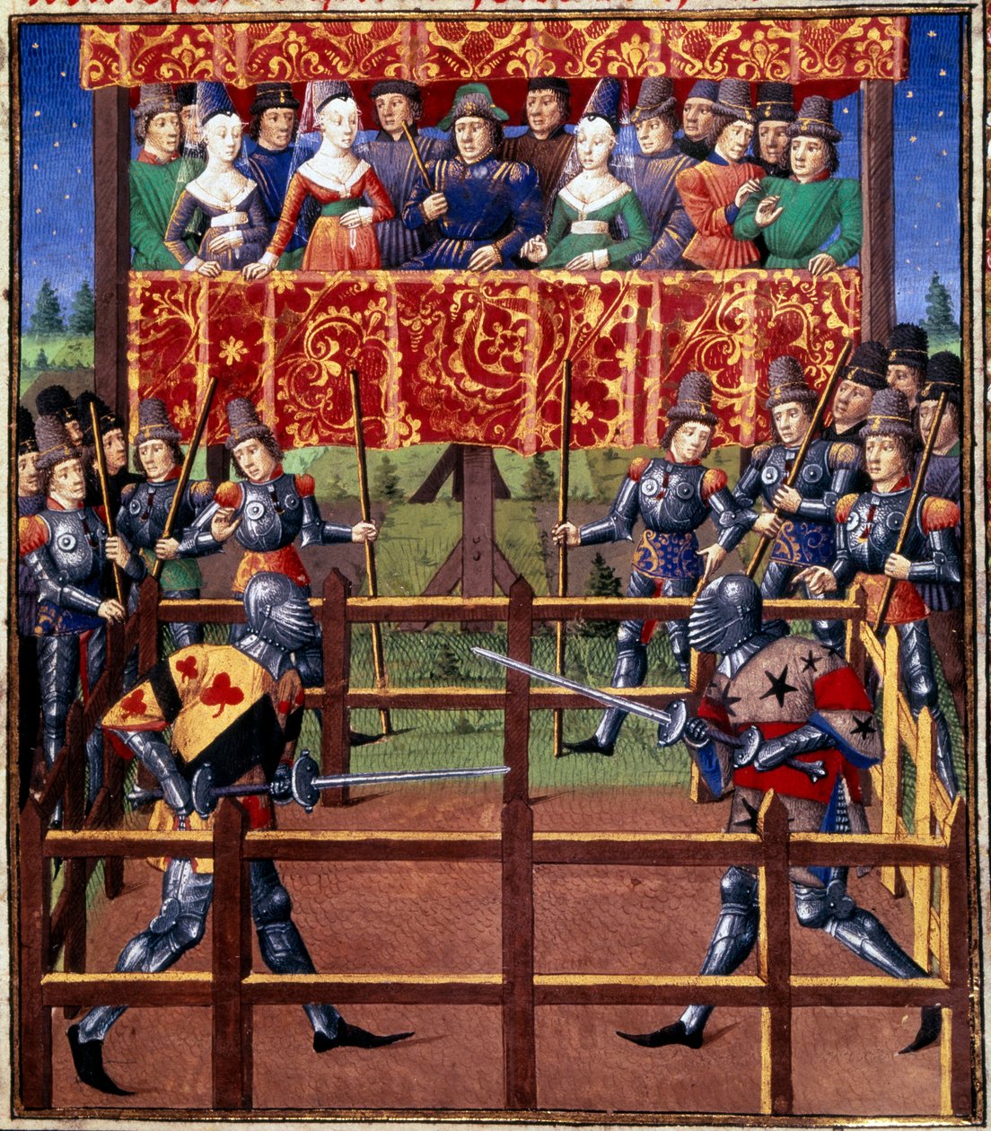 Ceremonias y ordenanzas como prenda de batalla: duelo en campo cerrado entre dos caballeros. Miniatura de un manuscrito de Jean de Rolin (siglo XV) 1460 París, B.N. de Unknown artist