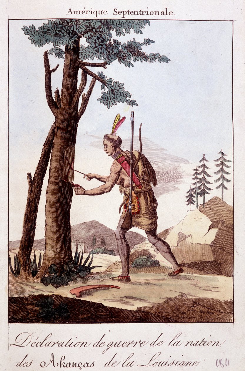 Ceremonia de la declaración de guerra entre los indios Akancas de Luisiana - grabado de Unknown artist