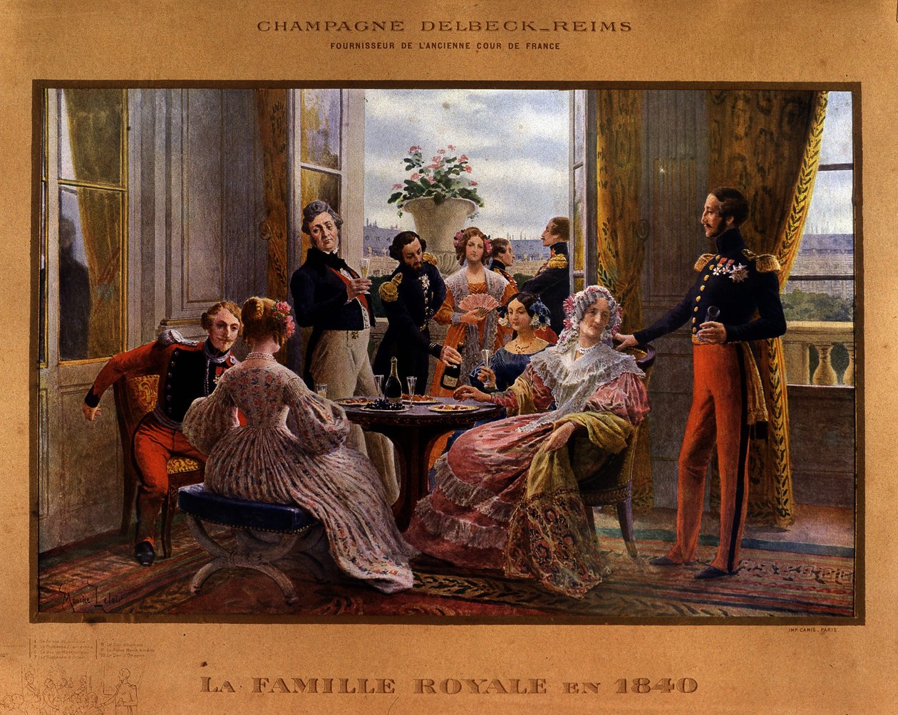 Champán servido en la mesa real en 1840 - Cartel publicitario para el champán Delbeck “Proveedor de la antigua corte de Francia”, finales del siglo XIX de Unknown artist