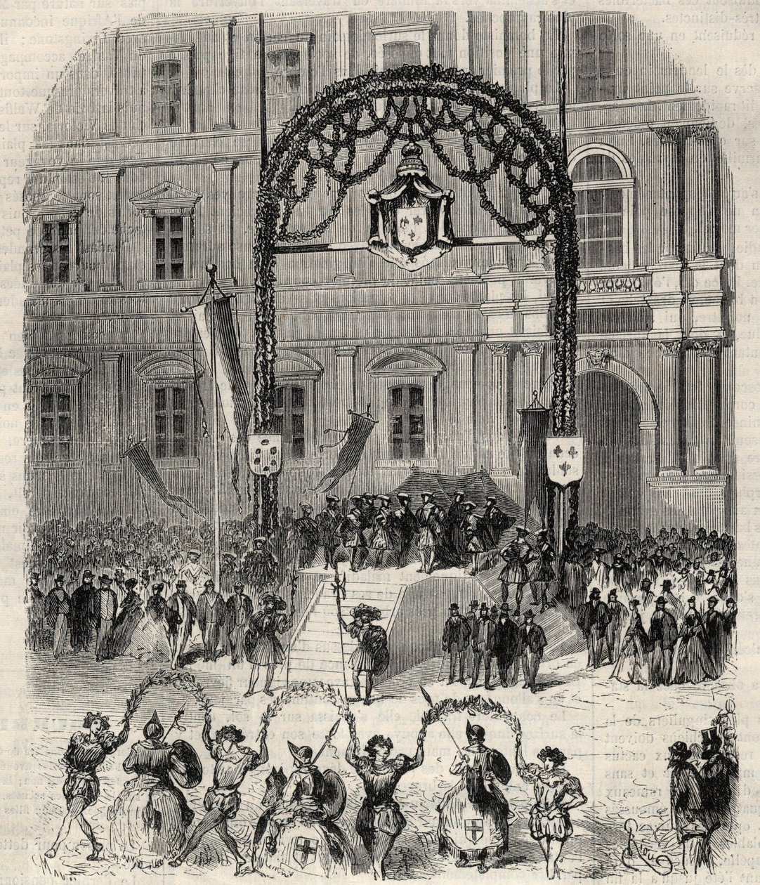 Fiestas de caridad en Marsella conmemorando la llegada de Francisco I donde se reunió con el Papa Clemente VII: farandola bailada en la plaza Saint-Ferreol frente a la tribuna del Rey Francisco I. Grabado en “L