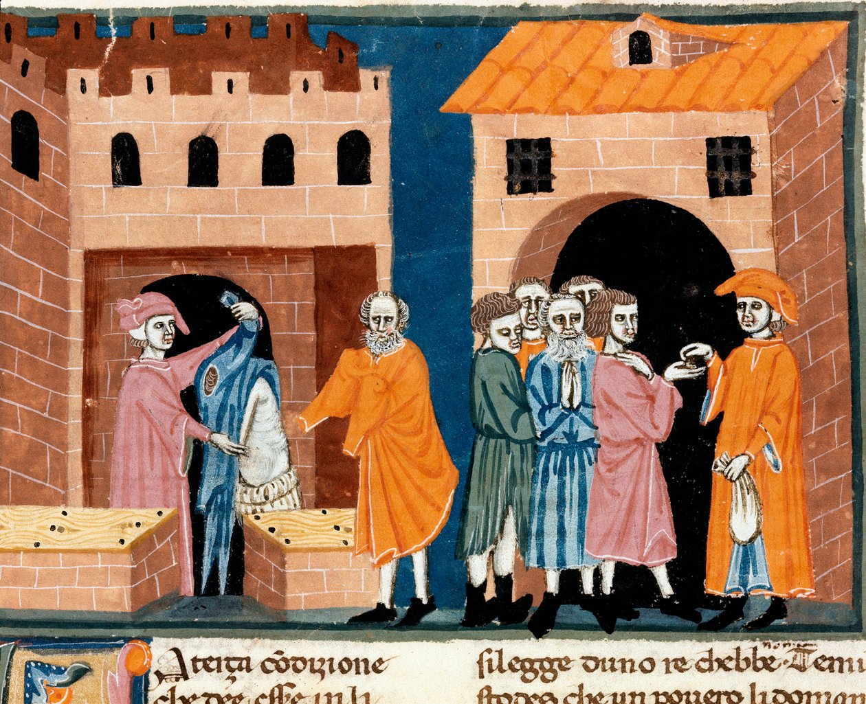 Caridad en la Edad Media: asistencia pública. Escena de caridad y asistencia a los pobres. Miniatura de la escuela florentina tomada de la traducción italiana de 