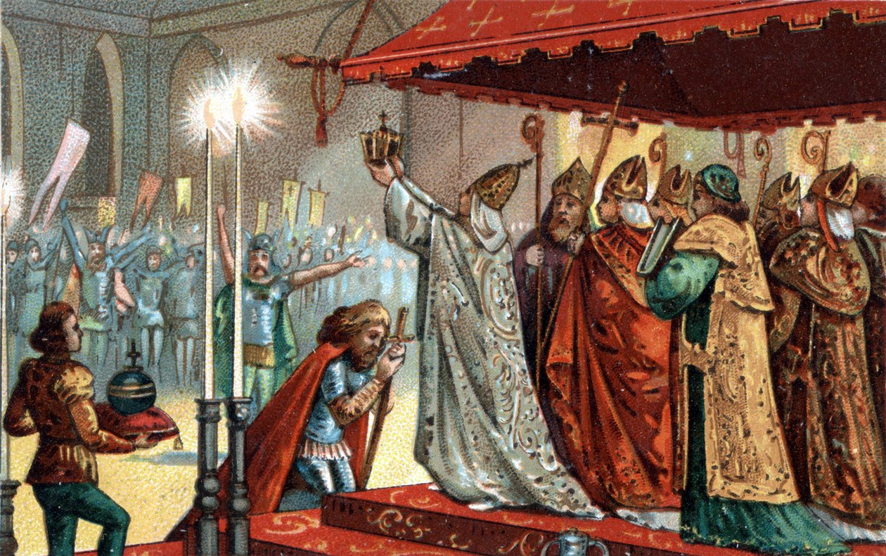 Carlomagno (742-814) coronado por el Papa León III (c750-816) en la basílica de San Pedro en Roma el 25 de diciembre de 800. de Unknown artist