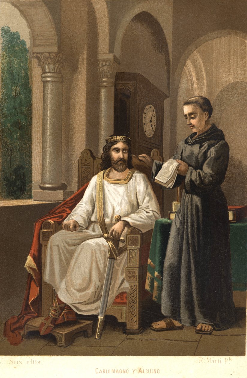 Carlomagno (747-814), rey de los francos y emperador de Occidente, y Alcuino (ca. 781). después de "La Ciencia y sus Hombres" por Louis Figuier. Barcelona 1881 de Unknown artist