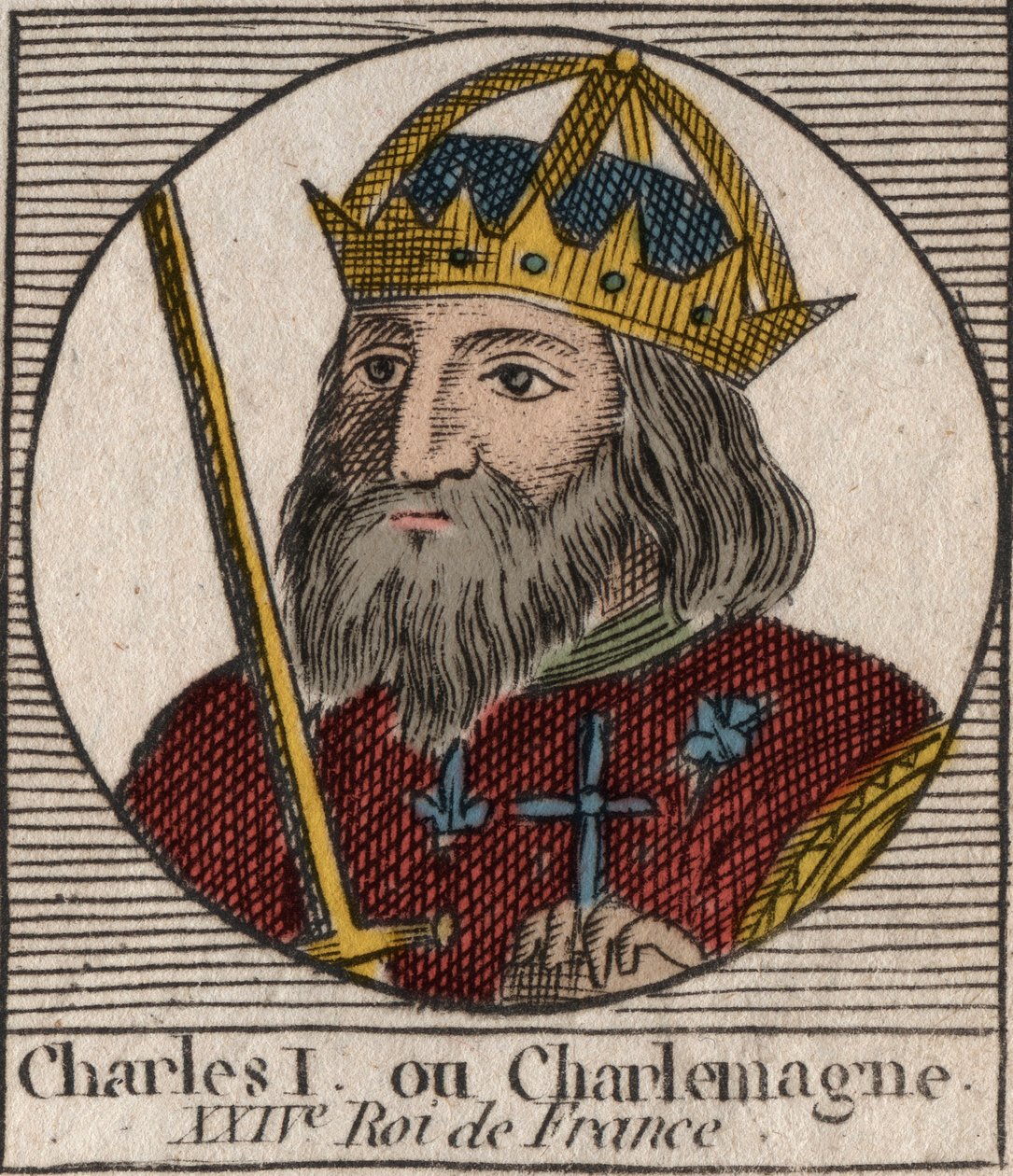 Carlomagno (Carolus Magnus, Carlos el Grande) (747-814) Rey de los Francos y Emperador Cristiano de Occidente - grabado de 