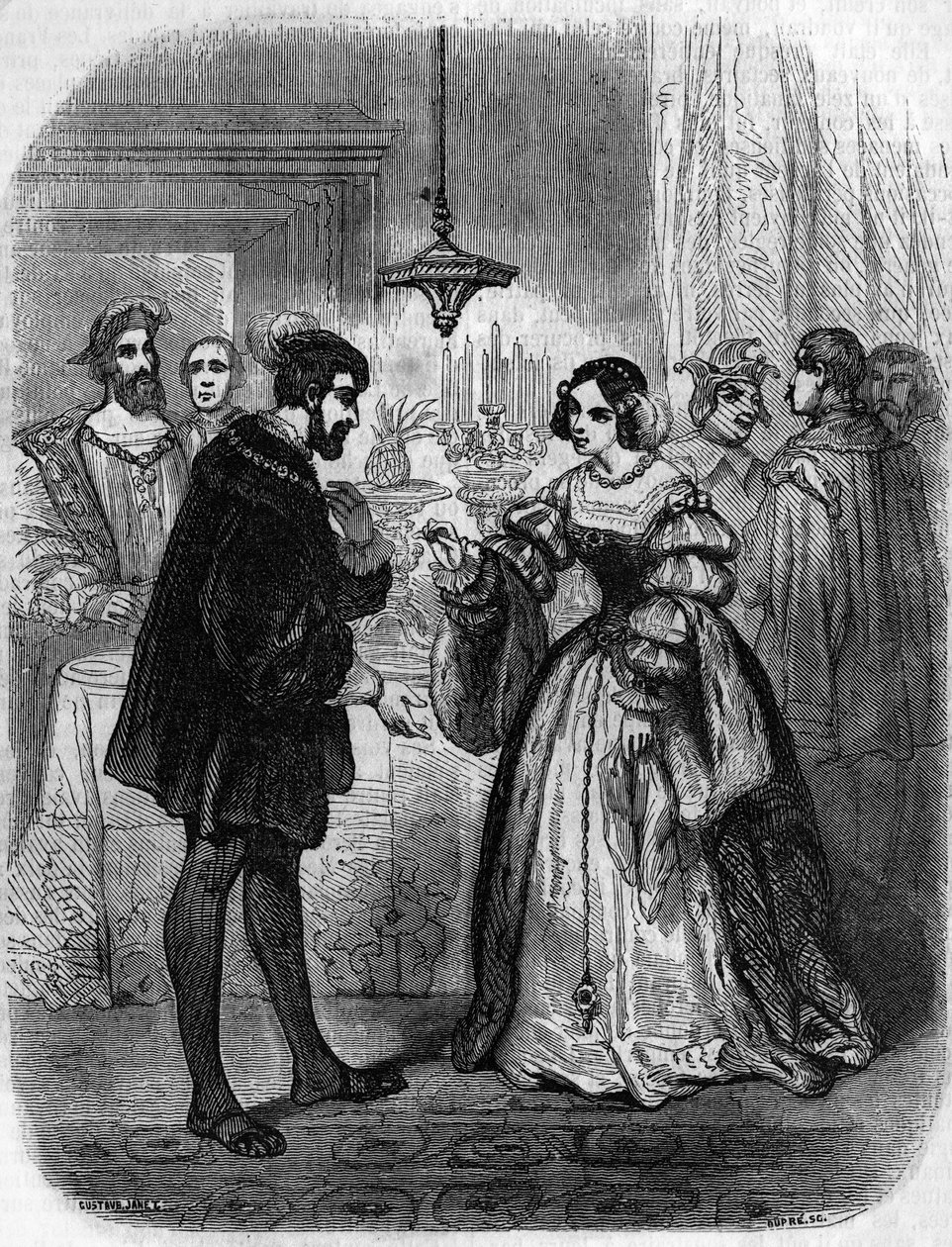 Carlos V (1500-1558) con Anne de Pisseleu (1508-1580) Duquesa de Etampes, amante de Francisco I apodada La Belle Feronniere. Grabado del siglo XIX de Unknown artist