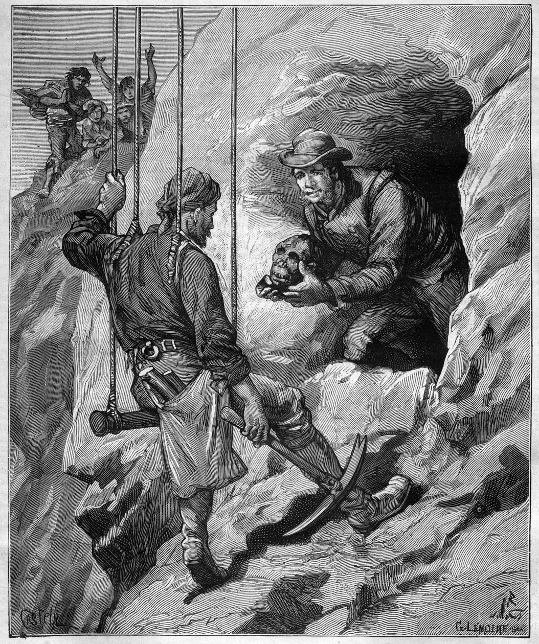 Charles Wiener (1851-1913) explorador y diplomático francés explorando una cueva funeraria de Perú - grabado en “journal des voyages” 1887 de Unknown artist